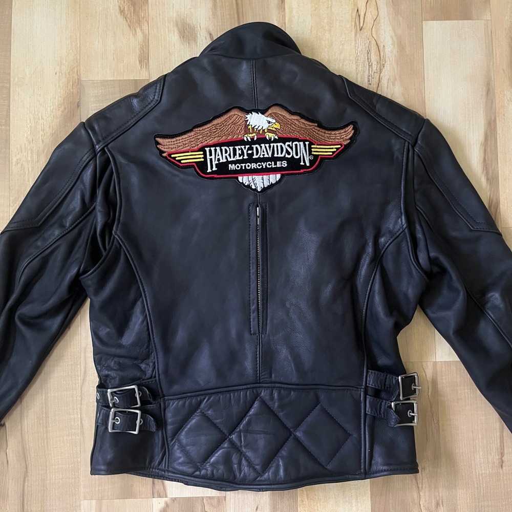 Vintage Black Leather Biker Jacket Women's Large Harley Davidson Patch Americana
